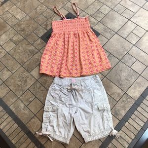 Orange Old Navy Tank Top & Long Tan Justice Shorts